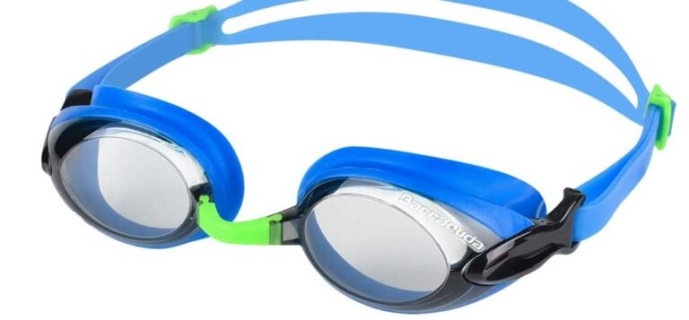Blue Barracuda junior prescription goggles with green nose clip and grey lens